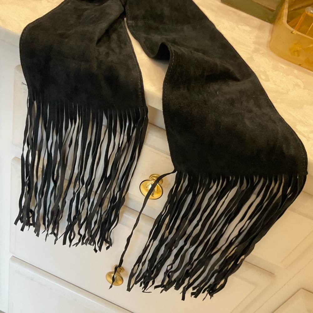 Black suede tie belt with gold stud work and fringe by (N)ine, Handmade, NWOT - Picture 4 of 10